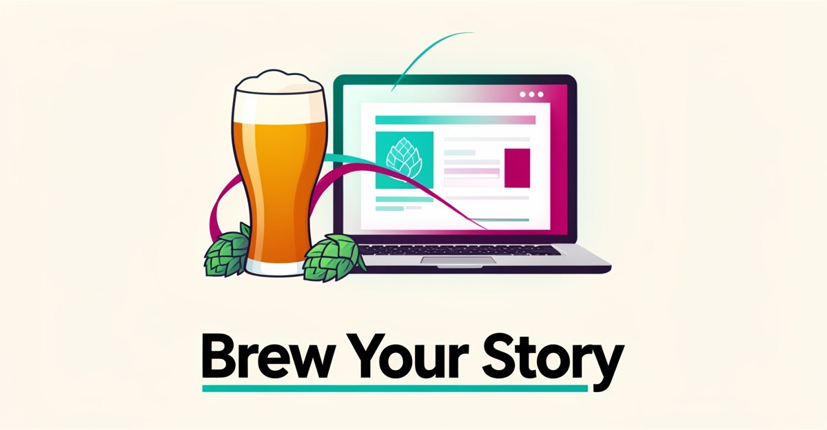 Flat illustration of a craft beer glass and hops beside a laptop, symbolizing storytelling SEO for brewery websites in teal and magenta accents.