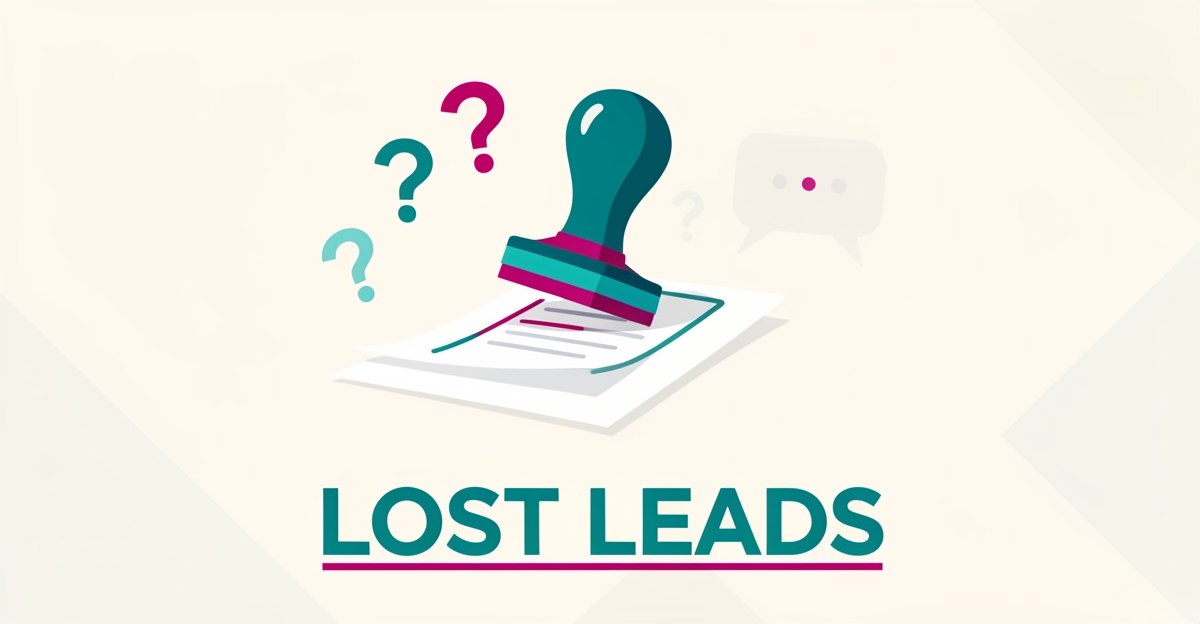 Flat illustration of a stamp pressing a document with floating question marks, symbolizing unanswered FAQs that cause lost leads.