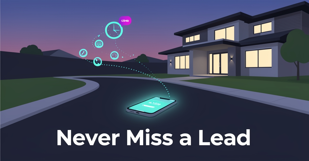 Flat illustration of a paved driveway at dusk with a glowing smartphone notification, symbolizing instant capture of missed paving leads.