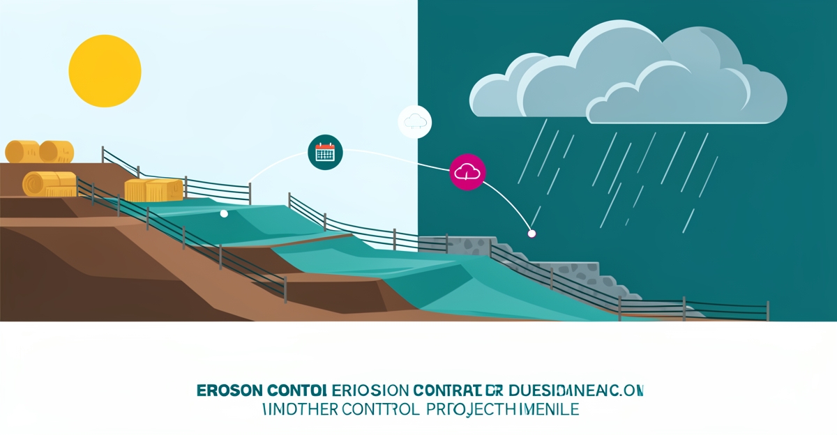 Flat illustration of an erosion control site with split sunny and stormy skies, symbolizing weather impact on project timelines.