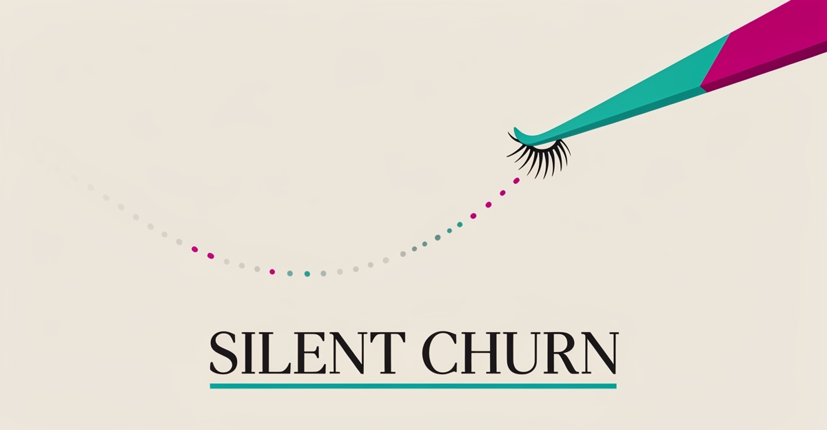 Flat illustration of tweezers holding a single lash with a fading dotted trail to an empty appointment card, accented in teal and magenta, with the headline Silent Churn.