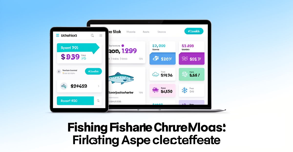 Modern flat illustration of a fishing charter website with dynamic pricing and seasonal updates, featuring brand-colored accents and a clean, professional layout.