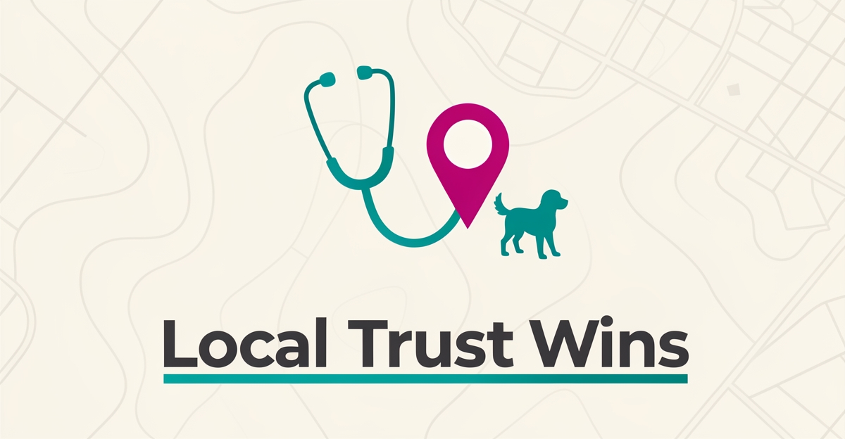 Flat illustration of a stethoscope, dog silhouette, and location pin symbolizing localized veterinary content that builds community trust.