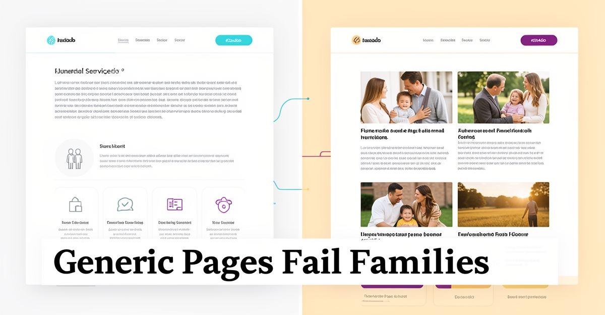 A split-screen illustration contrasting generic and personalized funeral service webpages, with brand-colored accents highlighting the benefits of tailored, SEO-optimized content for grieving families.