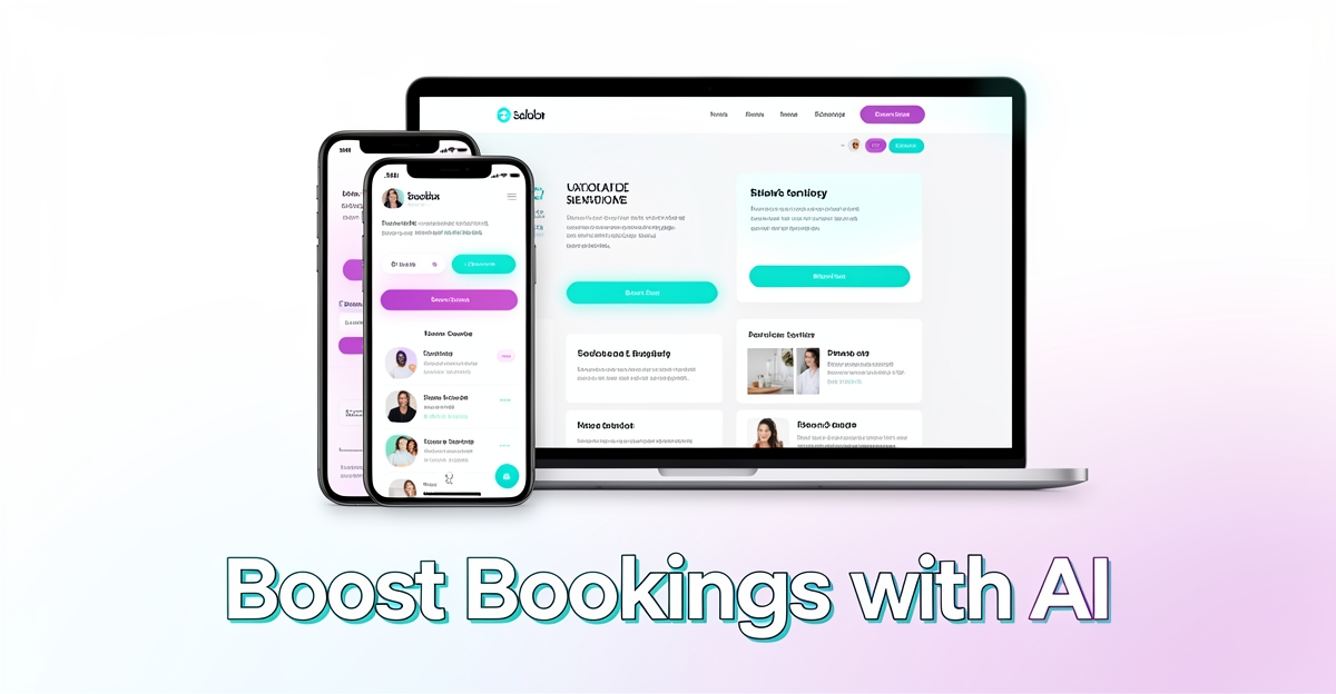 Modern flat illustration of a salon website interface on mobile and desktop screens with AI-enhanced booking features, using brand colors as accents, no people or text overload.