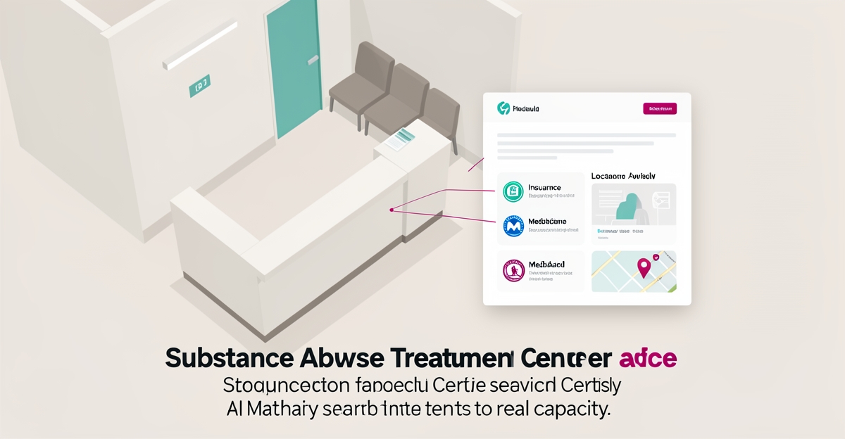 Flat illustration showing generic versus detailed treatment center service pages with insurance and location accents.
