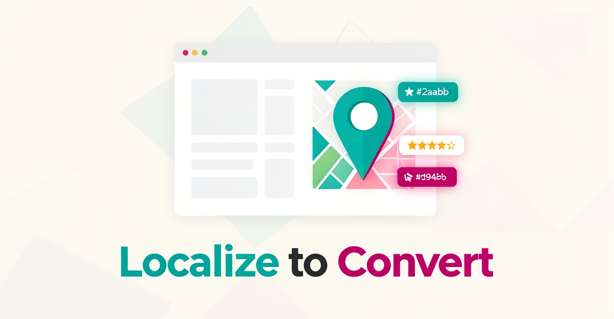 Flat illustration of a generic webpage dissolving beside a map pin and review stars, symbolizing localized urology content that converts patients.