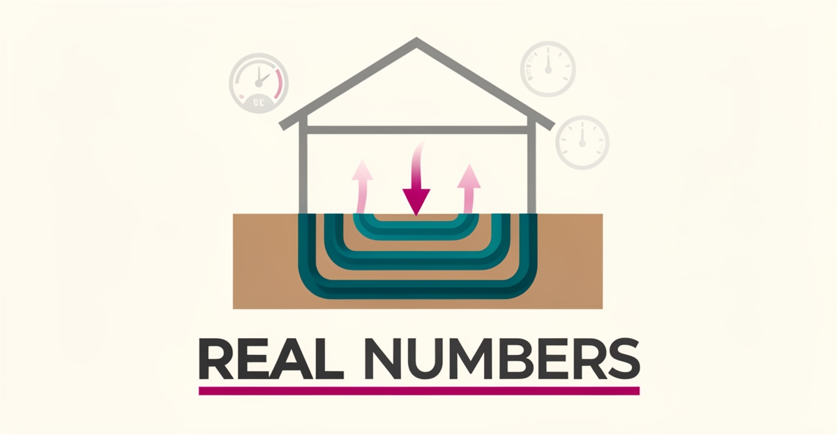 Flat illustration of a geothermal heat pump loop beneath a house with data gauges, headline reading Real Numbers.