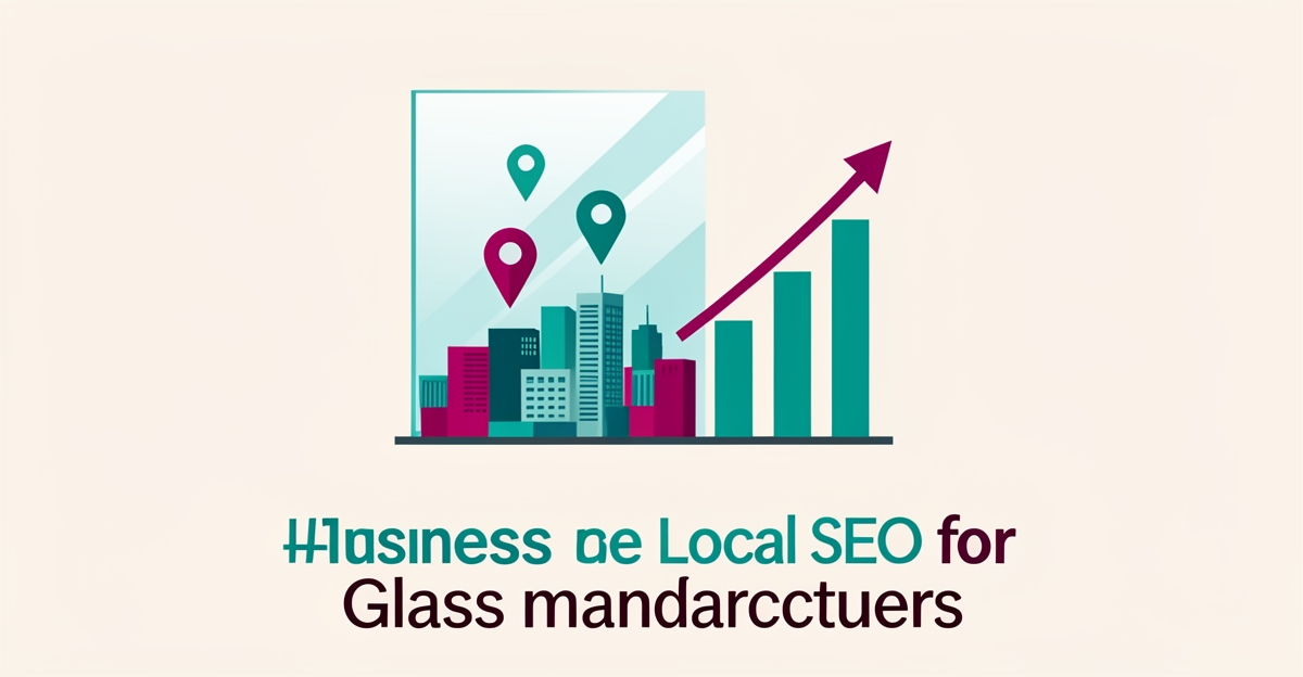 Flat illustration of a glass panel with map pins and a rising chart, symbolizing local SEO growth for glass manufacturers.