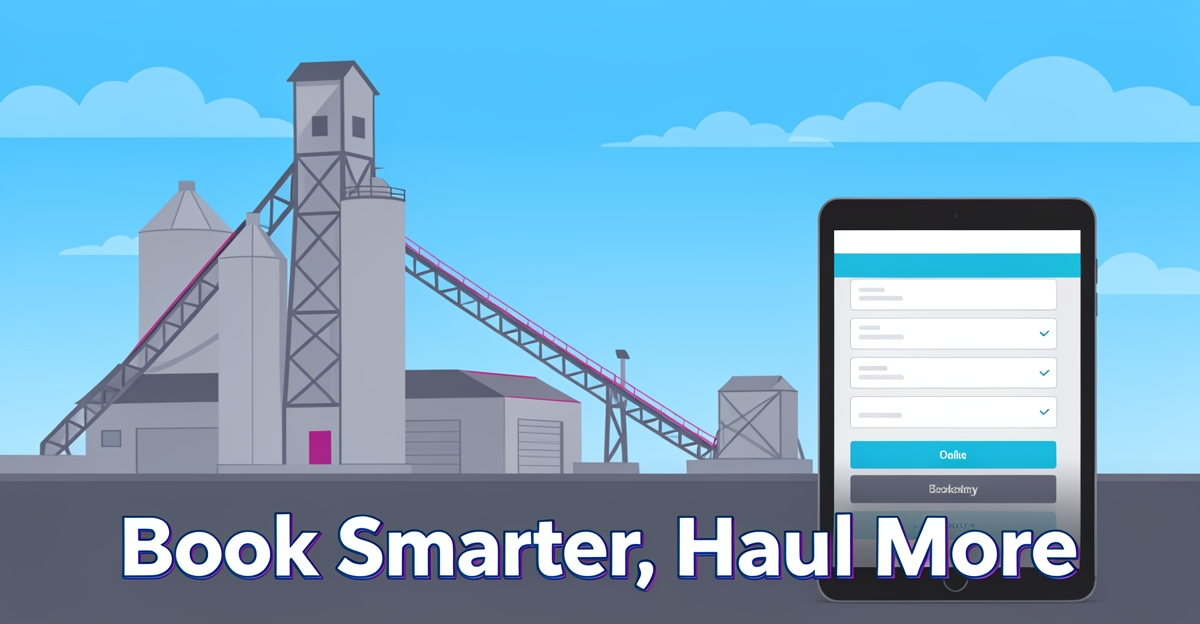 Modern flat illustration of a grain elevator with a digital booking tablet, conveying efficiency and online scheduling for agricultural logistics.