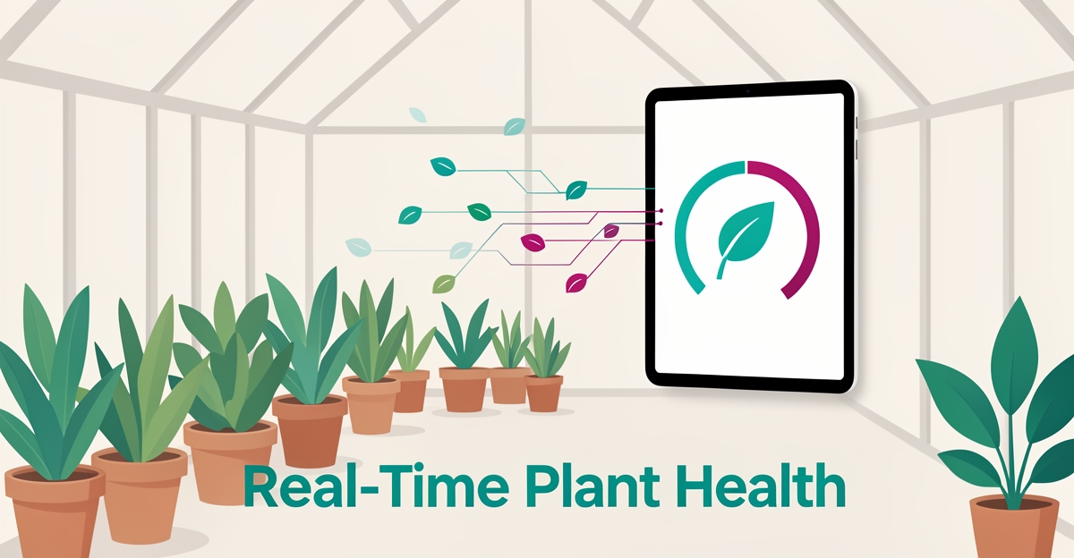 Flat illustration of greenhouse plants streaming live health data to a tablet screen, accented in teal and magenta.
