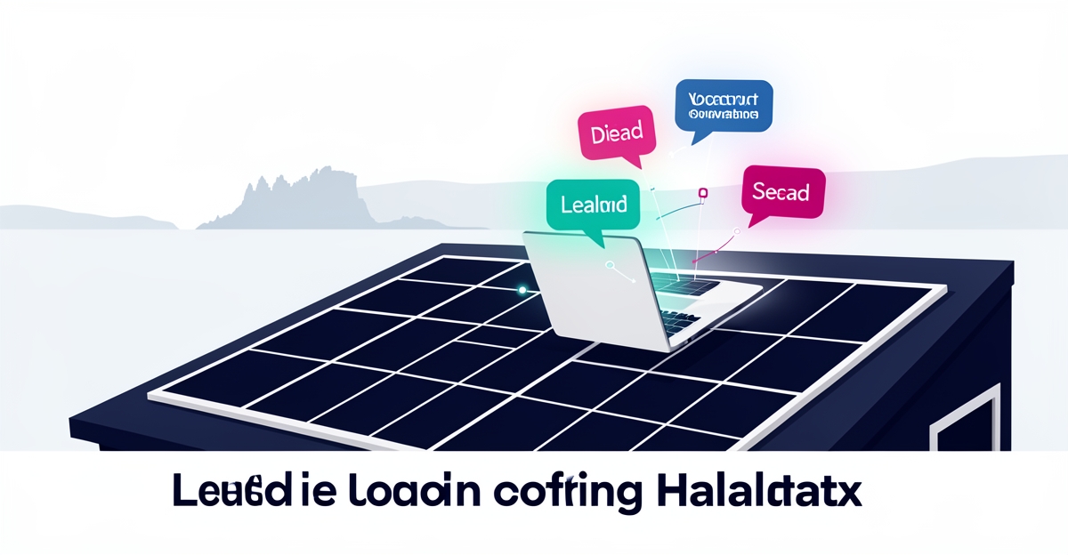 Flat illustration of a solar-paneled rooftop with digital lead notifications flowing to a laptop, symbolizing Halifax solar sites converting more leads.