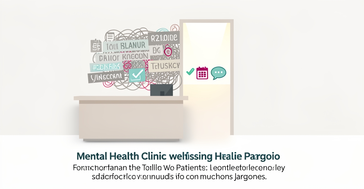 Flat illustration showing jargon blocking patients from a mental health clinic website versus clear plain language path.