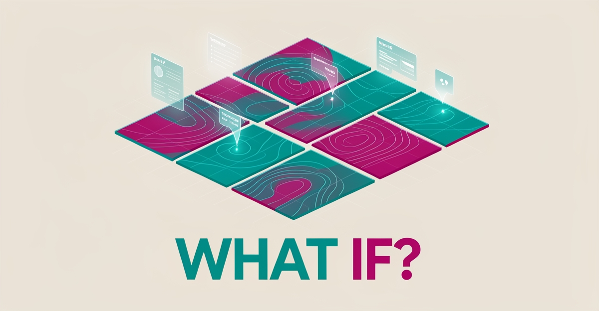 Minimalist flat illustration of aerial land parcels with AI scenario grid lines in teal and magenta, headline reading What If.