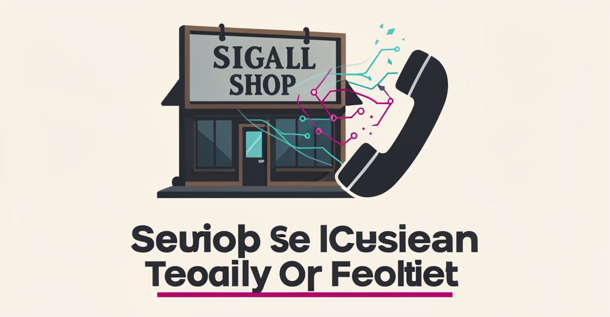 Flat illustration of a painted sign shop signboard with a telephone and AI signal waves reconnecting missed calls, accented in teal and magenta.