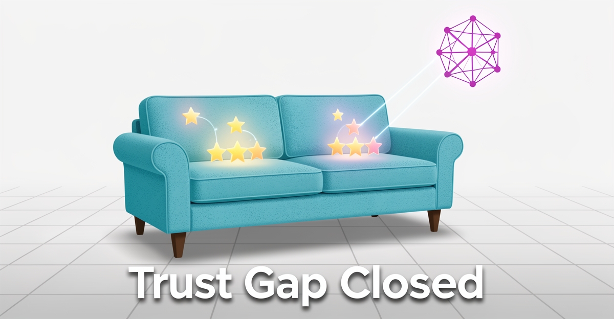 A modern flat illustration of a sofa with glowing review stars and AI node connections, symbolizing recovered trust and revenue through automation in upholstery manufacturing.