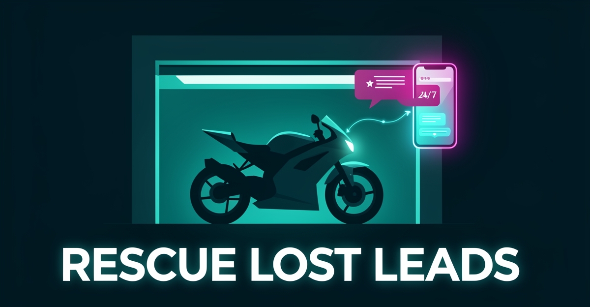 Flat illustration of a motorcycle repair shop glowing at night with a smartphone chat bubble symbolizing AI capturing leads 24/7.