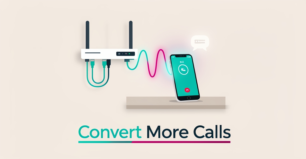 Flat illustration of a network router, smartphone call, and AI signal wave with teal and magenta accents and headline Convert More Calls.