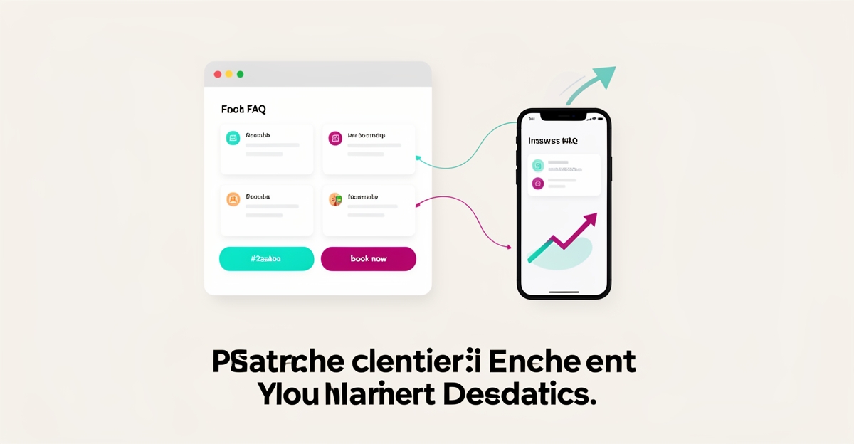 Flat illustration of a pediatric clinic website with FAQ cards and instant booking connected to a smartphone, accented in teal and magenta, with the headline Stop Losing Patients.