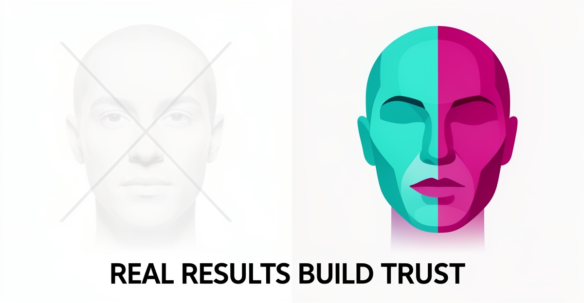 A clean modern flat illustration contrasting generic stock imagery with authentic before-and-after aesthetic results using brand-colored abstract shapes, promoting trust in plastic surgery websites.