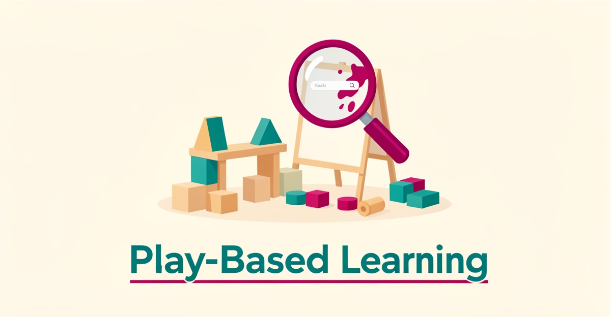 Flat illustration of preschool blocks and toys under a search-style magnifying glass in teal and magenta, with headline Play-Based Learning.