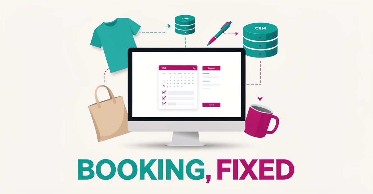 Flat illustration of a booking form on a monitor connected to CRM and production icons, surrounded by blank promotional merchandise in teal and magenta.