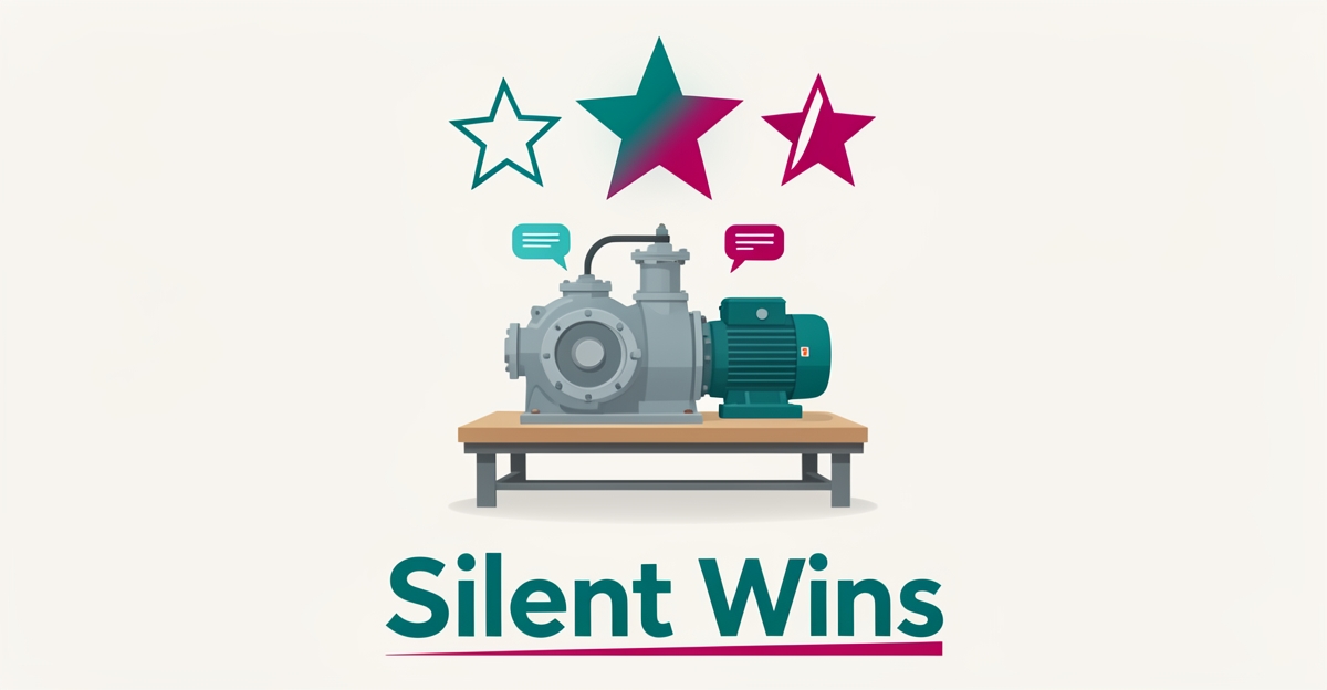 Flat illustration of an industrial pump and motor beneath a five-star rating with one glowing star, symbolizing missed customer reviews.