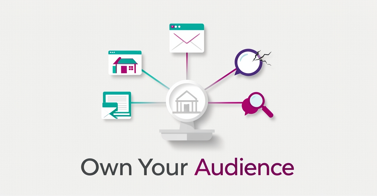 Flat illustration showing a comedy club hub connected to website, email and SEO versus fading social media icon.