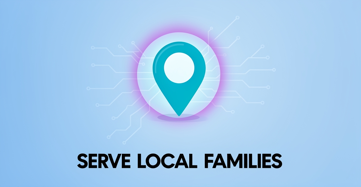 A minimalist flat illustration showing a service area map pin with AI-enhanced glow, symbolizing local visibility for respite care providers, using brand colors for trust and innovation.