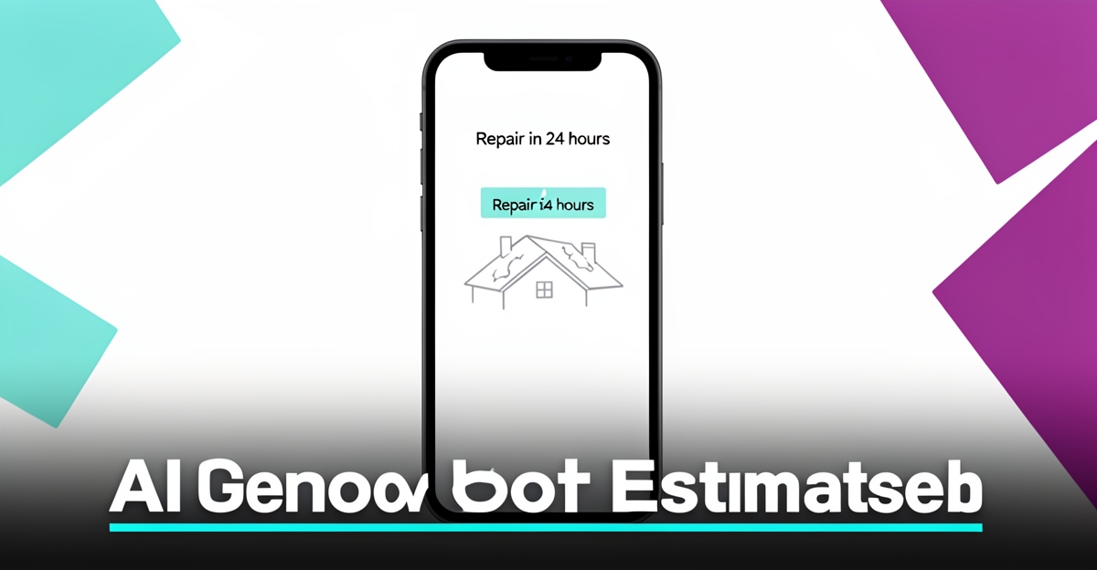 Modern flat illustration of a smartphone displaying an AI-generated roof repair estimate with a clear 24-hour timeline, overlaid with the headline 'Get Instant Repair Timelines' in the lower third, using brand colors #2aabb6 and #d946ef on a clean white background