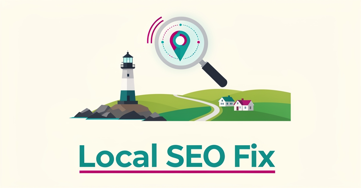 Flat illustration of a Nova Scotia coastal village with a glowing map pin and search signals, headlined Local SEO Fix.