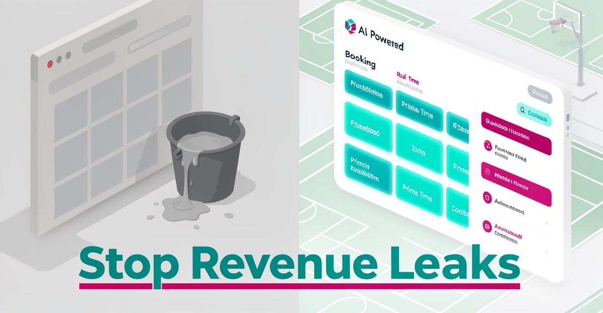 Split illustration contrasting basic website revenue loss with AI booking system filling prime-time sports facility slots.