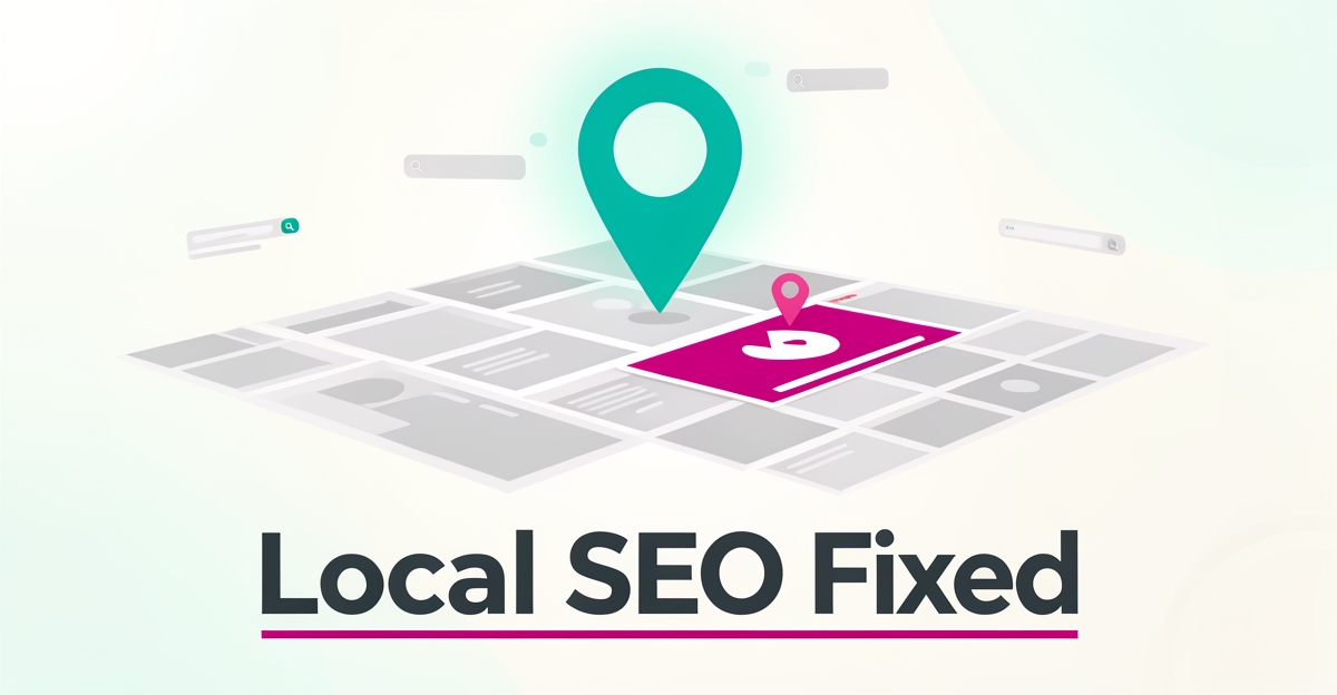 Flat illustration of a glowing map pin over generic web pages, with a highlighted localized page, illustrating AI-driven local SEO for test prep.