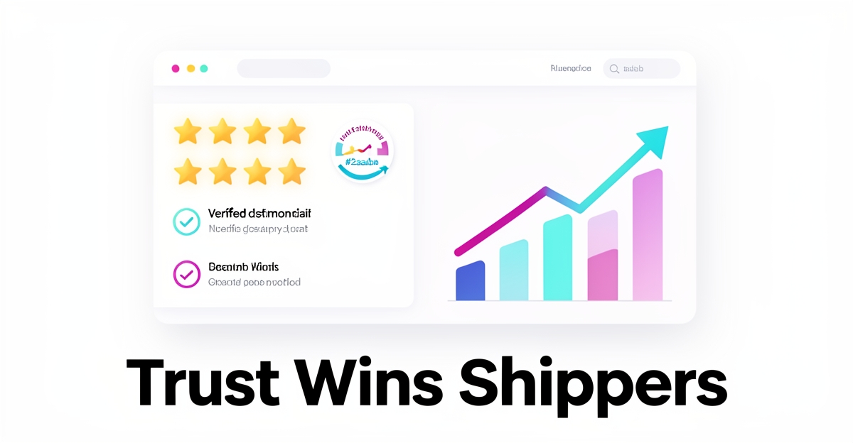 A clean modern flat illustration of a digital dashboard displaying trust signals like star ratings and data graphs, with brand-colored accents and the headline 'Trust Wins Shippers' in the lower third.