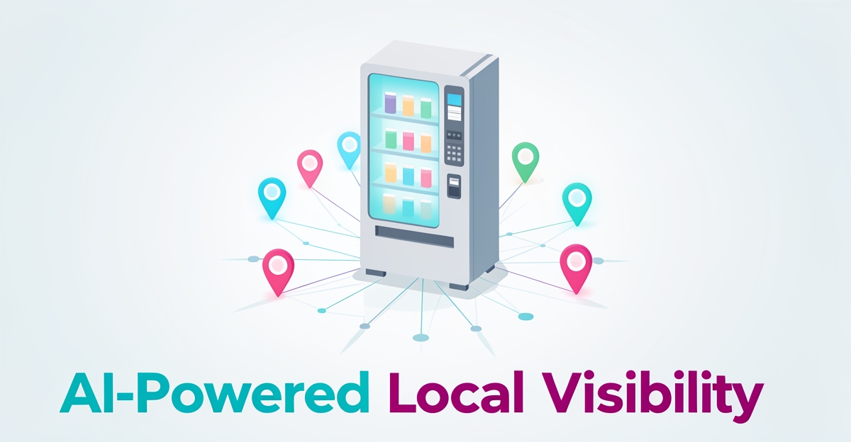 A modern flat illustration of a vending machine emitting digital location pins and network lines, symbolizing AI-driven local SEO, with a clean headline in the lower third.