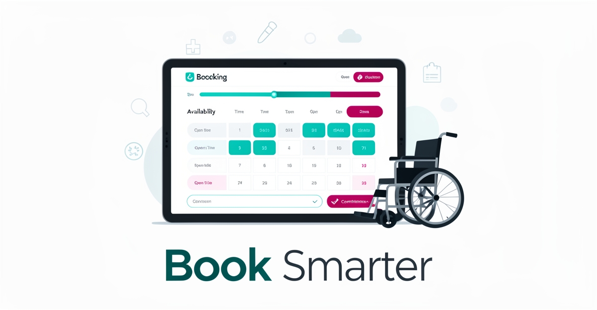 Tablet showing wheelchair booking calendar with teal and magenta UI accents, wheelchair icon nearby, clean flat illustration style.