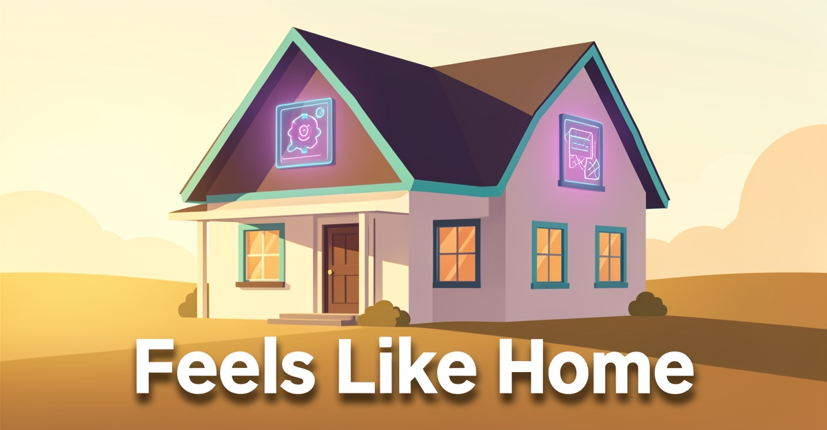 A modern flat illustration of a farmhouse with a glowing digital interface, symbolizing a warm, inviting farm website that feels like home, not a brochure.