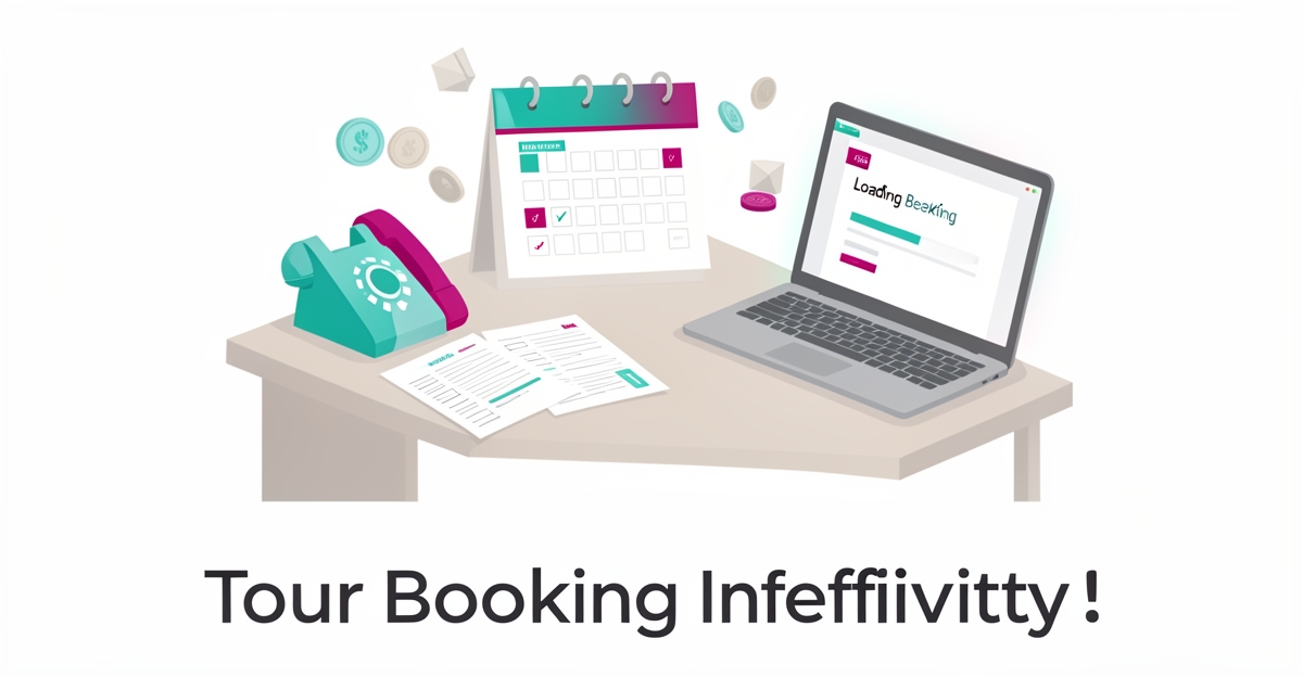 Flat illustration of scattered booking forms and missed calendar slots showing manual tour booking losses with teal and magenta accents.