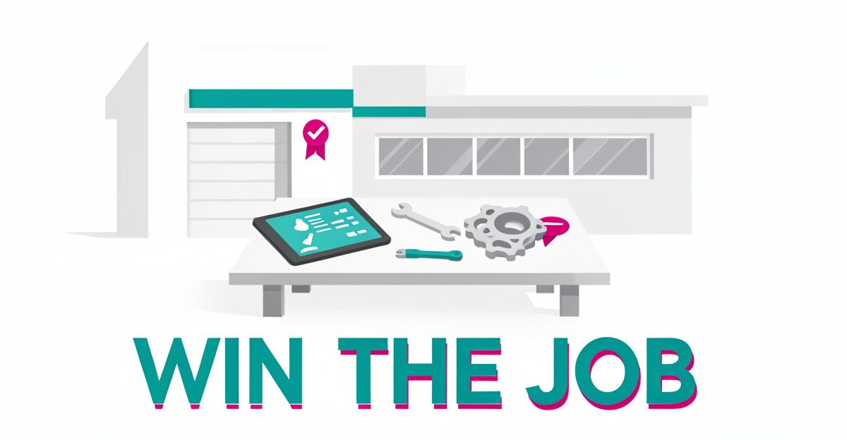 Flat illustration of an independent auto repair garage workbench with diagnostic tools in teal and magenta, headline reading Win the Job.