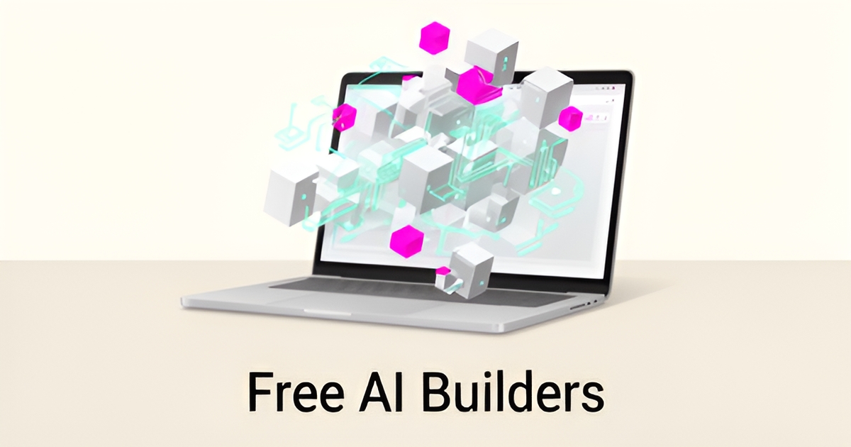 Flat illustration of a laptop with an AI-assembled website wireframe in teal and magenta, headline reading Free AI Builders.
