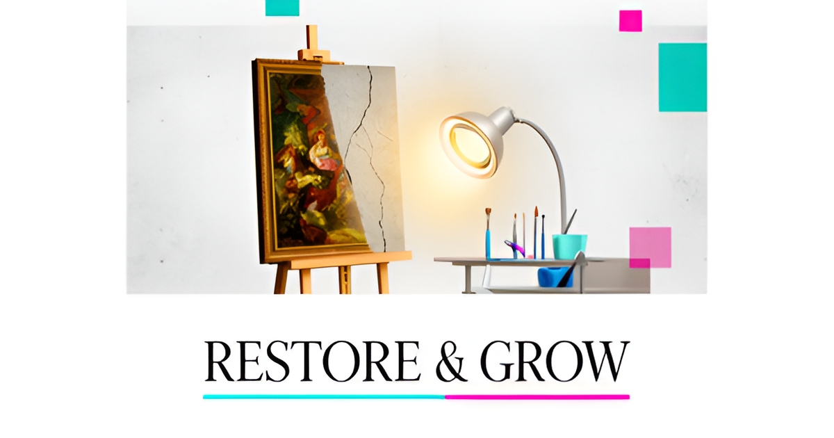 Flat illustration of a painting restoration studio with digital automation icons, accented in teal and magenta.