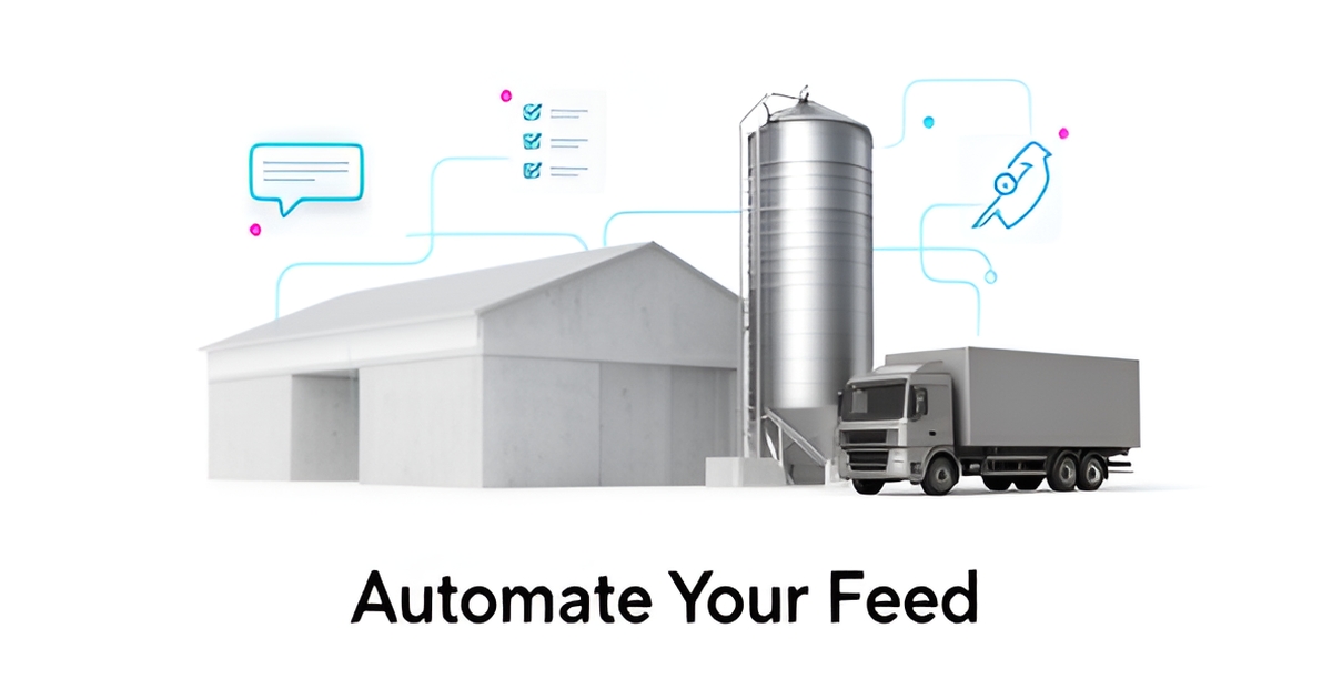 Illustration of a tablet showing an automated business website for livestock feed suppliers, with icons for lead capture and delivery scheduling.