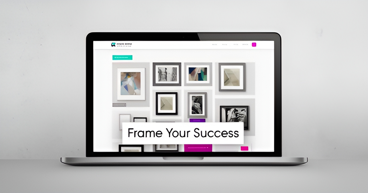 A custom framing shop's website on a laptop screen, showcasing portfolio and quote request form.