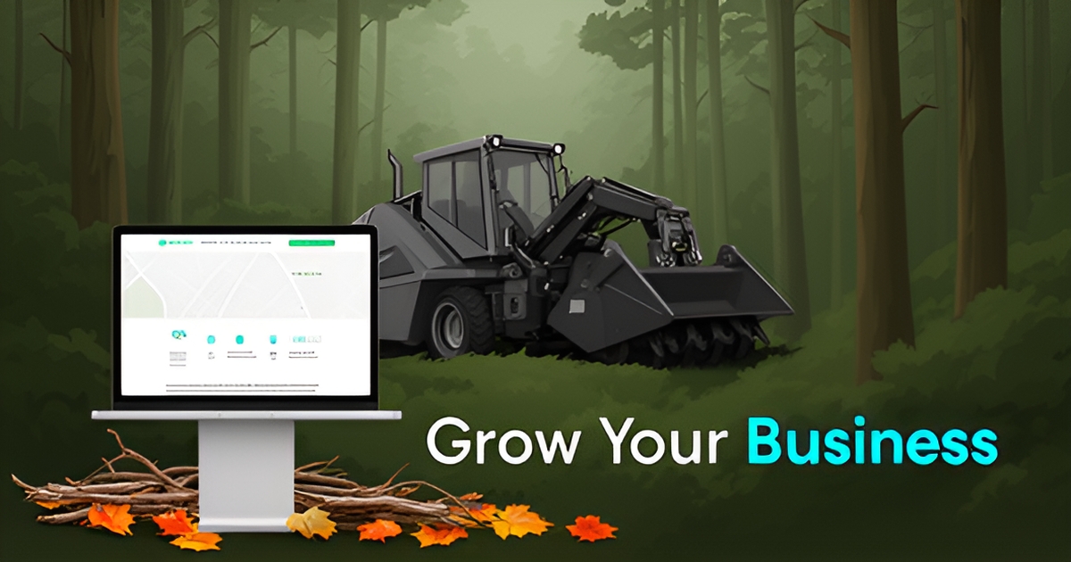 A custom website for a forestry mulching company on a laptop with a land clearing job site in the background.