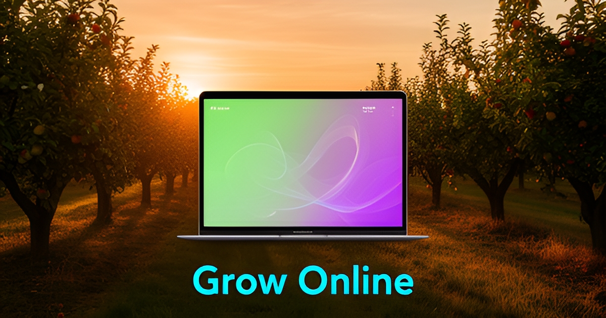 Flat illustration of an orchard with fruit boxes and devices showing online ordering, accented in teal and magenta, with the headline Grow Online.