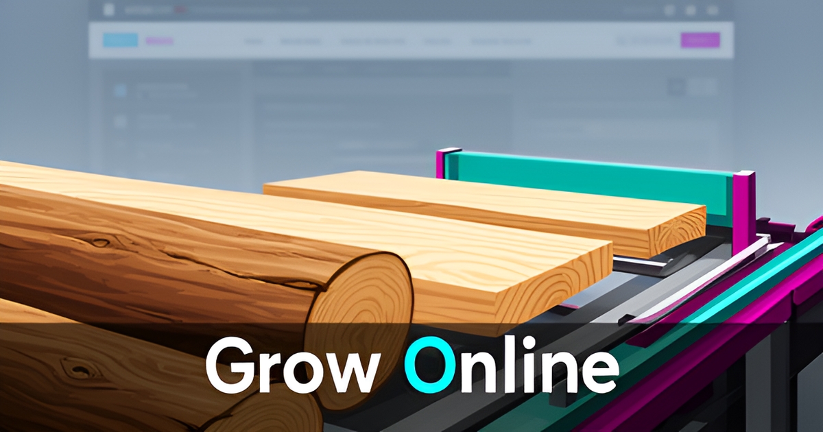 A stylized illustration of a sawmill operation with a computer screen showcasing a lumber catalog and website.