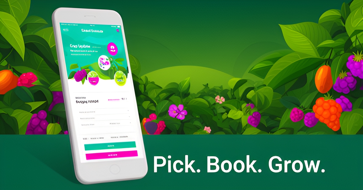 Flat illustration of a U-pick farm with berry rows, a barn, and a phone showing a website, accented in teal and magenta with a bold headline.
