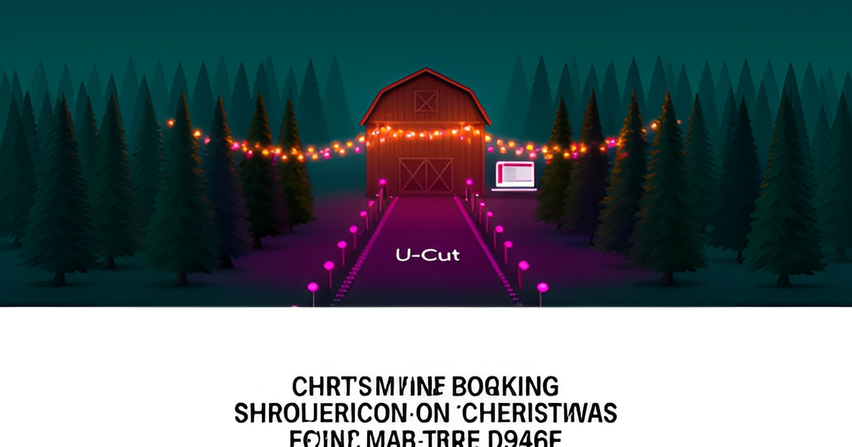 Flat illustration of a snowy Christmas tree farm with a glowing barn and subtle website design elements in teal and magenta accents.