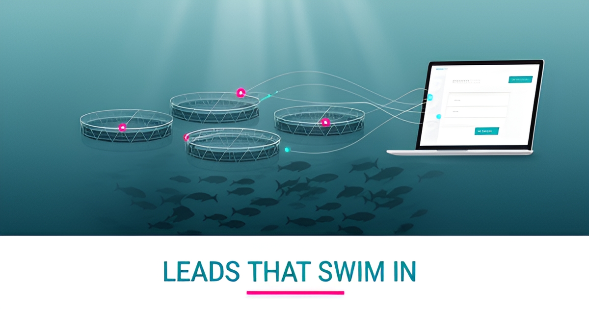 Flat illustration of fish farm net pens on teal water with a rising growth chart and the headline Smart Leads.