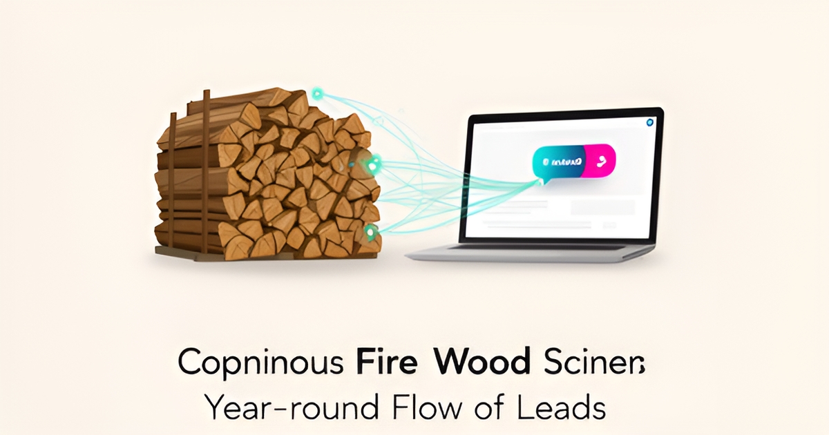 Flat illustration of stacked firewood beside a laptop generating lead notification icons, with headline More Leads in teal.